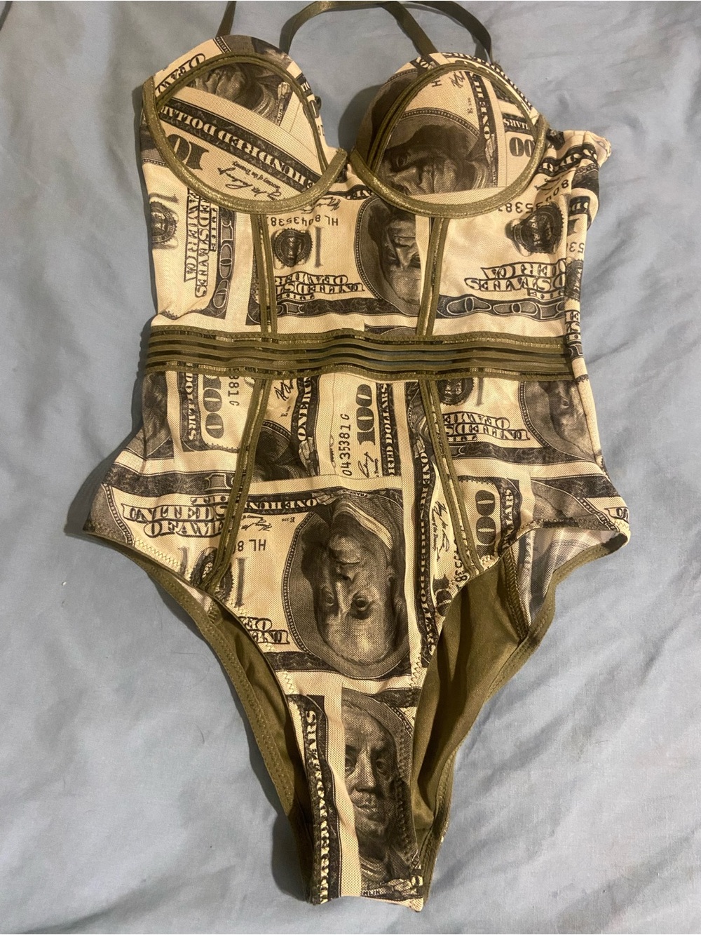 Money Print Bustier Bodysuit Top in Beige and Black